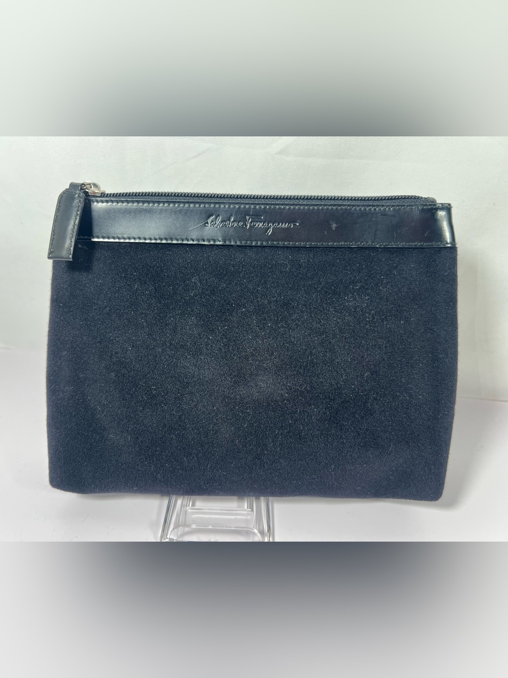 Salvatore Ferragamo Black Suede Zip Pouch Clutch Italy